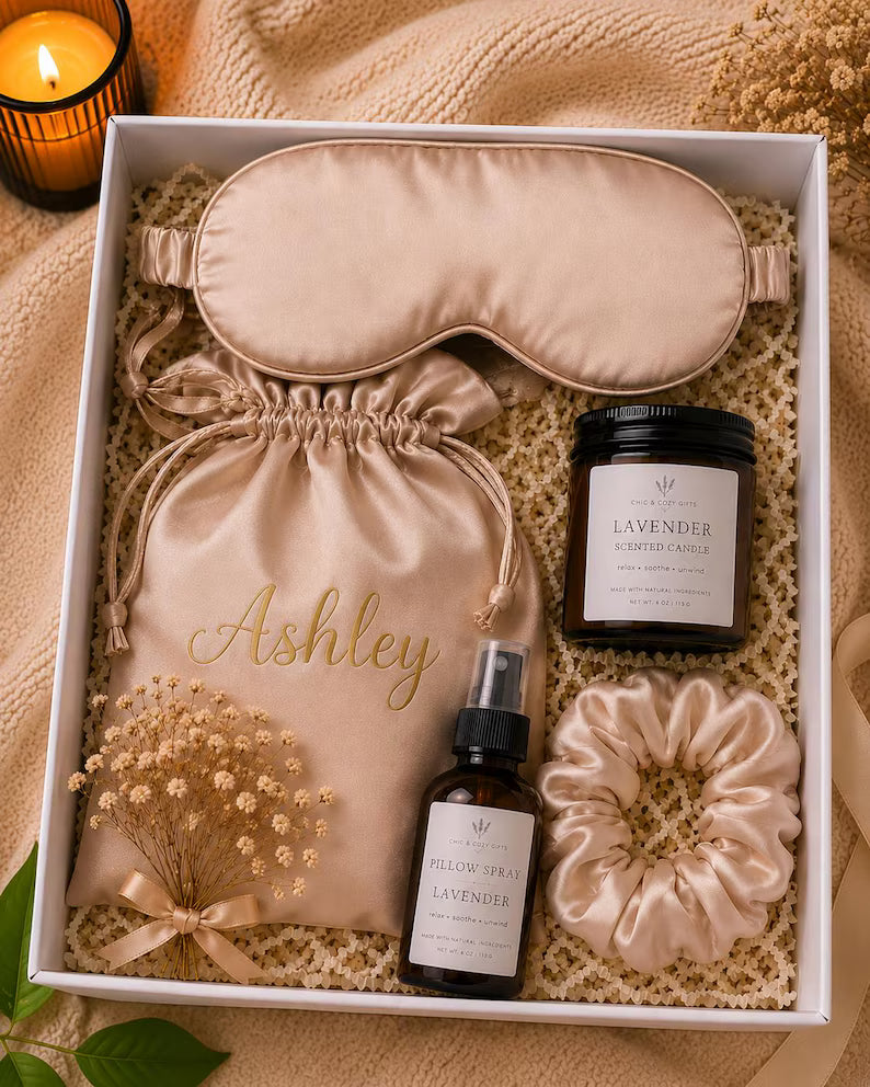 Blush Silk Sleep Mask Gift Set for Women – Luxury Self Care Spa Box with Candle, Tea & Cozy Relaxation Essentials | Chic & Cozy™
