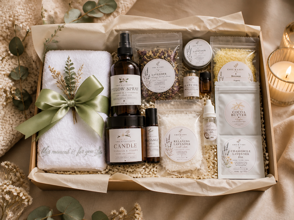 Chic & Cozy™ Luxury Spa Gift Set – Lavender Self Care Box with Candle, Tea & Pillow Spray