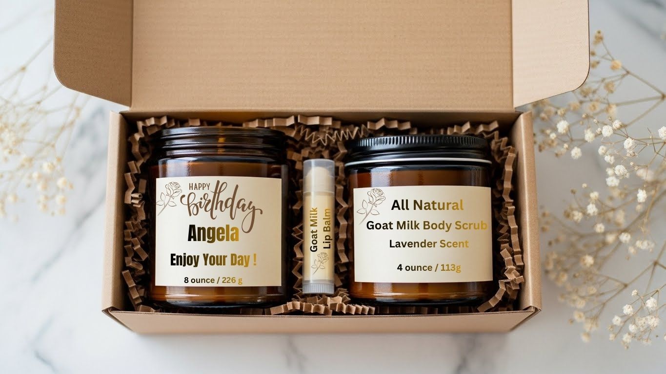 Cozy Personalized Happy Birthday Candle & Body Scrub Set l Mom, Sister, Aunt and Co-worker