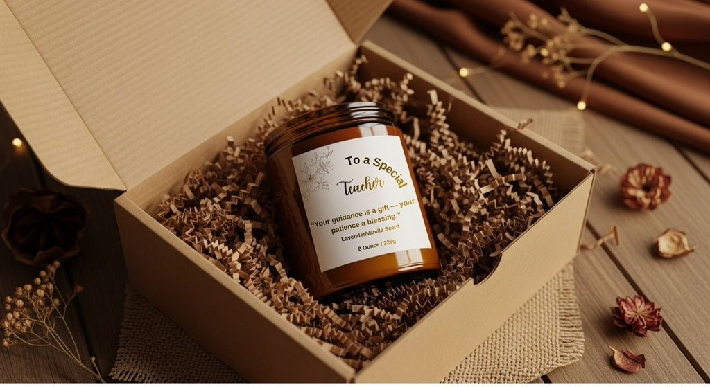 “Teacher Gift Candle – 8 oz Amber Jar, Heartfelt Message, Cozy Scented Candle for Teacher Appreciation”