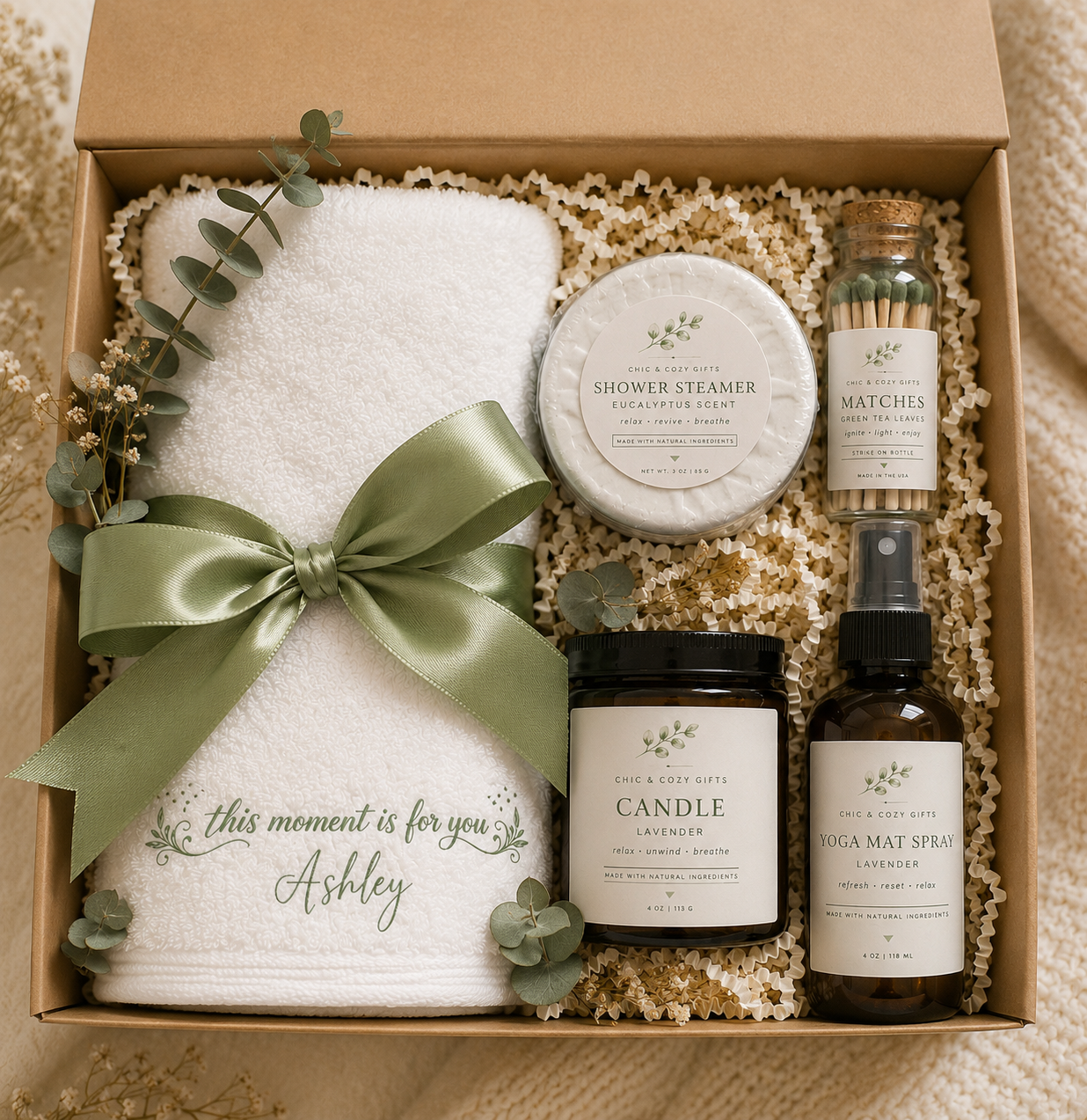 Personalized Yoga Gift Box for Women – Lavender Self Care Spa Set with Candle, Yoga Spray & Shower Steamer | Chic & Cozy™
